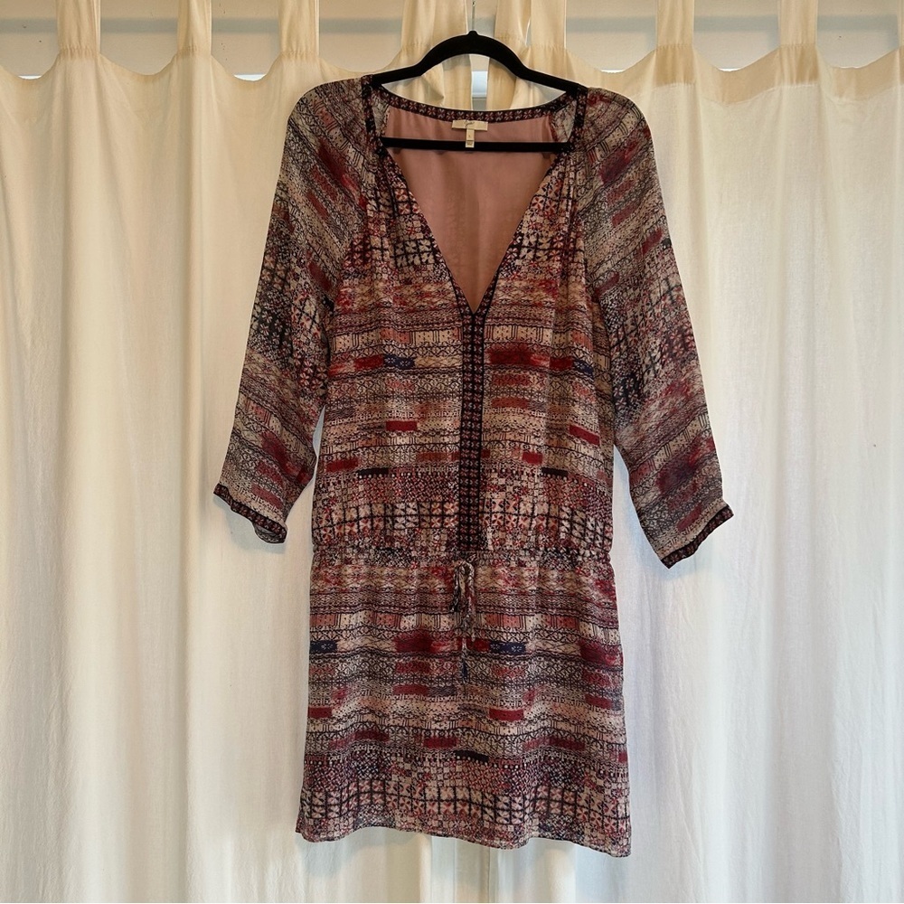 JOIE | Silk Burgundy Patterned Long Sleeve Dress with Drawstring Waist